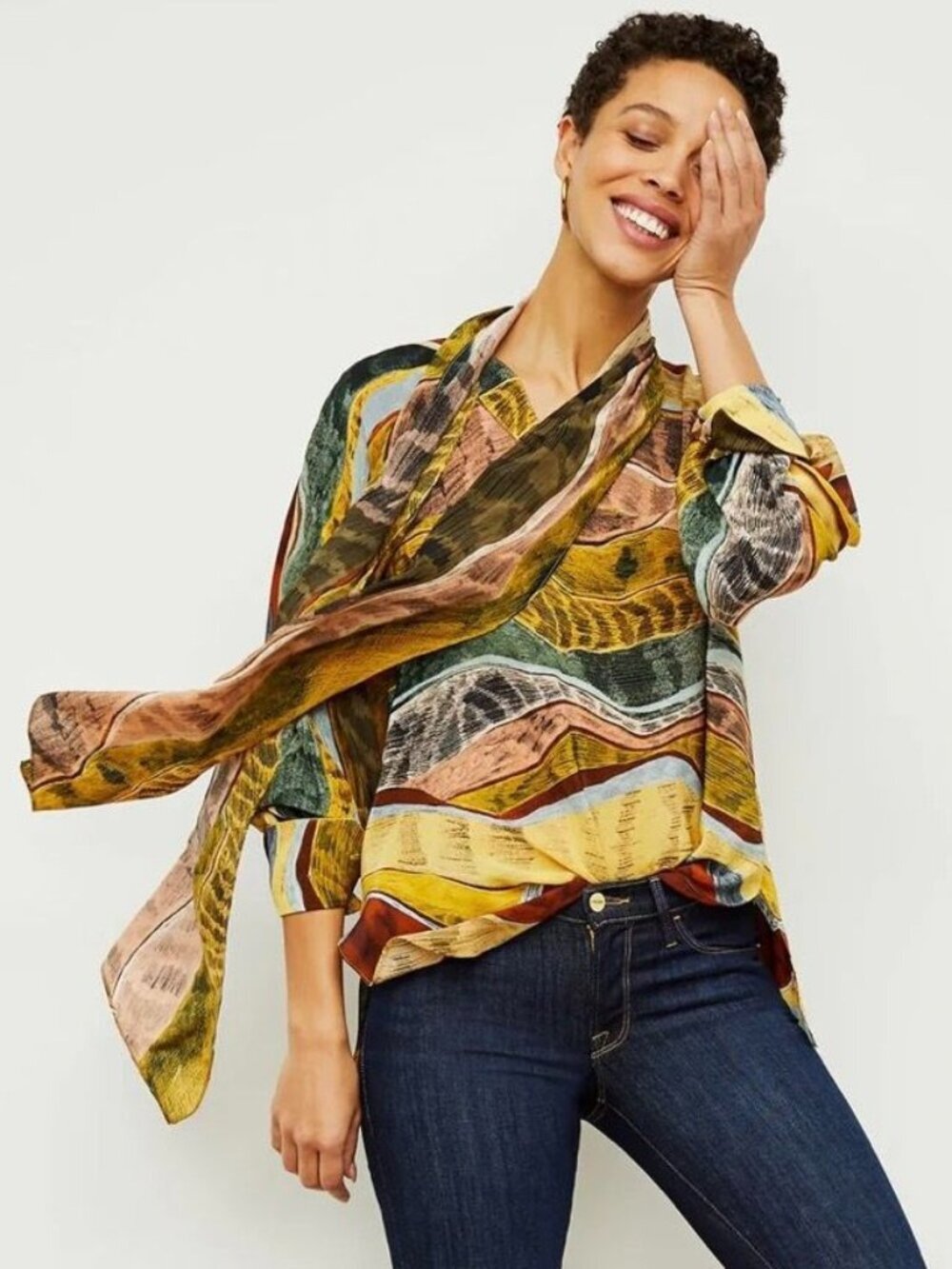M.M. LaFleur Fiona Silk Blouse Desert Print Tie Neck Size S Multicolor Oversized
